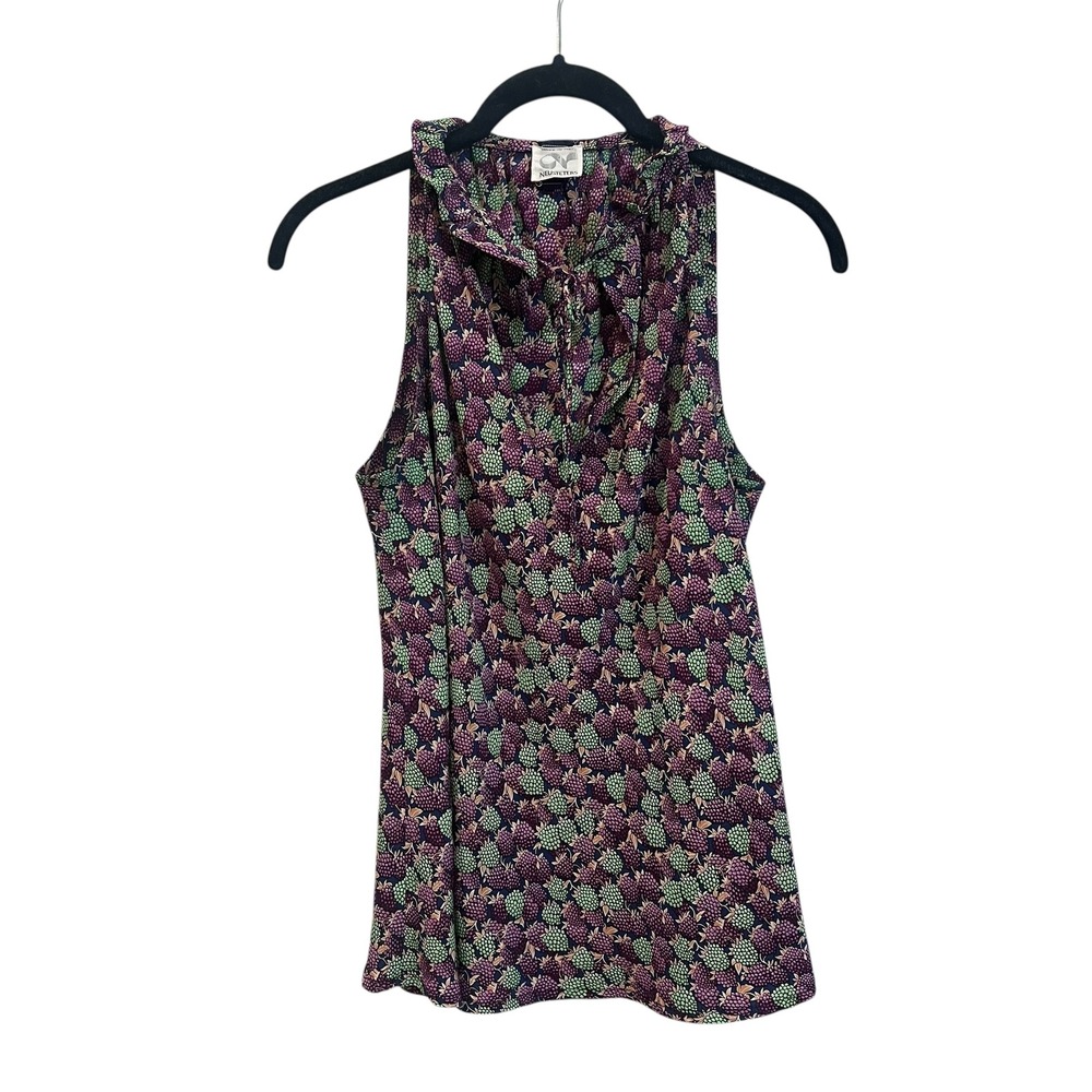 Vintage Neusteters Sleeveless Blouse Whimsical Grapes‎ Ruffled Tie Neck